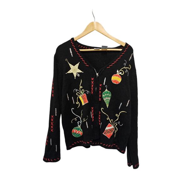HOLIDAY EDITION Cardigan Full Zip Christmas Sweater Black Ornaments LARGE - Picture 2 of 5